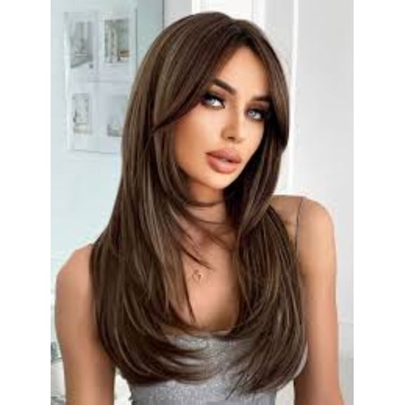 Beyonce Brand Layered Long Straight Synthetic Wig, Dark Brown w/ Gold Highlights, 1 Count