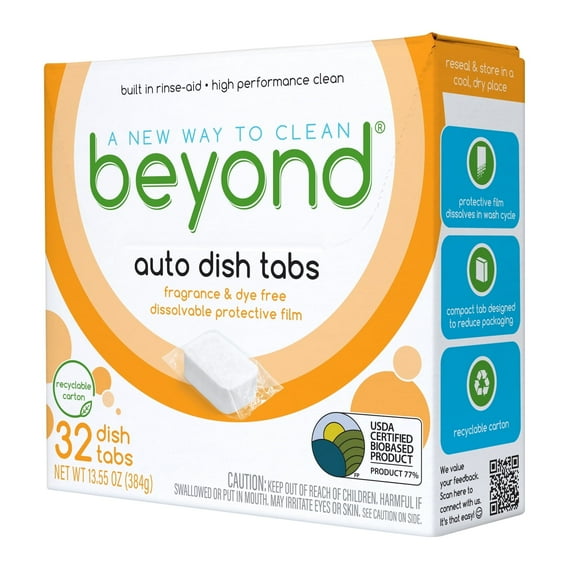 Beyond Auto Dishwasher Tablets [32 Tablets]- Fragrance & Dye Free - Certified Biobased - Plant Based Ingredients