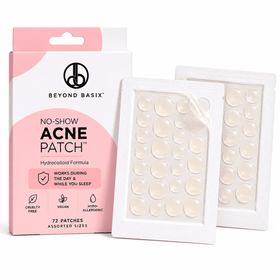Beyond Basix No Show Invisible Acne Patch, 72 Hydrocolloid Pimple Patches, Ultra-Thin Acne Spot Treatment for Whiteheads & Blemishes