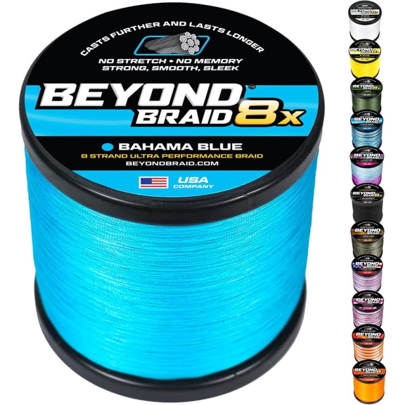 Beyond Braid Braided Fishing Line - Abrasion Resistant - No Stretch - Super Strong - Thin Diameter SuperLine- Camo - 4 Strand & 8 Strand Braided Line (Bahama Blue 8X, 50LB 2000 (Yards))