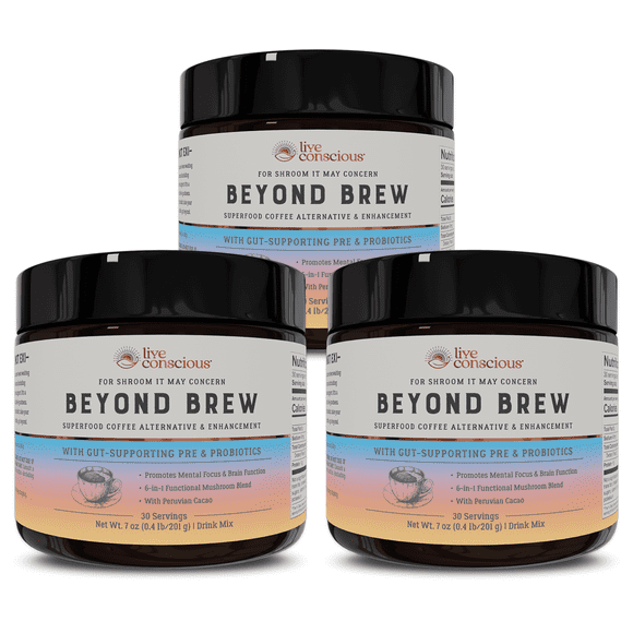 Beyond Brew Mushroom Superfood Coffee | Mushroom Coffee Alternative Low Caffeine | Healthy Coffee Substitute | W/Prebiotics & Probiotics | By Live Conscious | 30 Servings Net Wt. 7 oz (3-Pack)