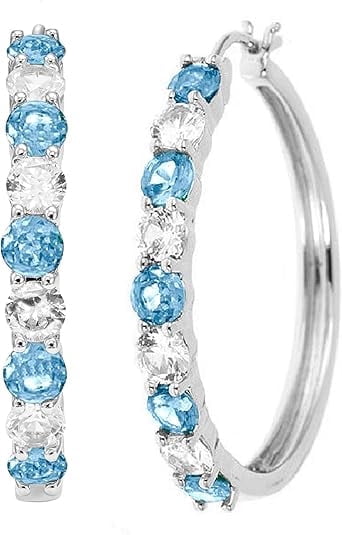 Beyond Brilliance Silver Finish Over Brass Round Blue Topaz and White Sapphire Hoop Earrings for Women