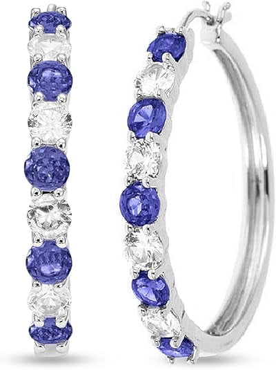 Beyond Brilliance Silver Finish Over Brass Round Cut Blue and White Sapphire Hoop Earrings for Women