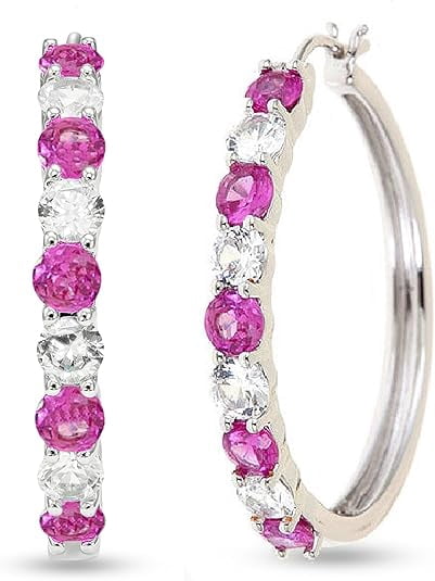 Beyond Brilliance Silver Finish Over Brass Round Cut Pink and White Sapphire Hoop Earrings for Women