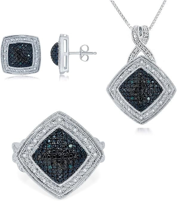 BEYOND BRILLIANCE Silver Plated Brass Blue&White Diamond Ring, Necklace with Studs 3 Piece Set for Women
