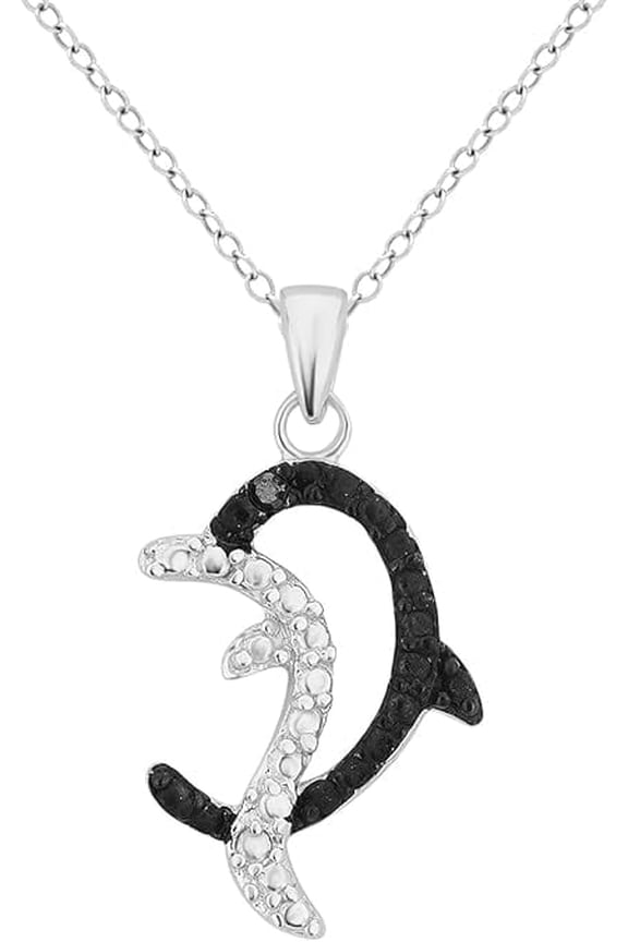 Sterling Silver Black Diamond Dolphin Pendant Necklace for Women