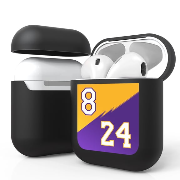 Beyond Cell Black Case Cover Designed for Airpods Charging Case Protection Gen 1 & Gen 2 - Basketball Number Gold 8 & Purple 24