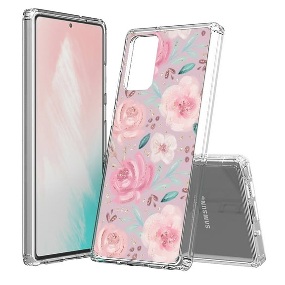 Beyond Cell compatible with Galaxy Note 20 (2020) Case, Transparent Clear Shock Absorption Cushion Bumper Corner Soft TPU + PC Cover Pink Roses Blossom