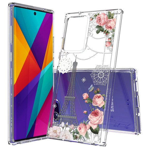 Beyond Cell compatible with Galaxy Note20 Ultra (2020)Case, Transparent Clear Shock Absorption Cushion Bumper Corner Soft TPU + PC Cover Eiffel Tower Rose