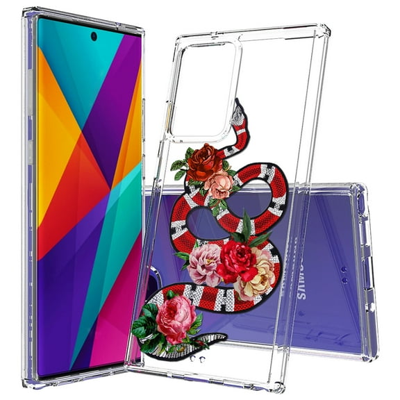 Beyond Cell compatible with Galaxy Note20 Ultra (2020)Case, Transparent Clear Shock Absorption Cushion Bumper Corner Soft TPU + PC Cover Peony Tattoo Snake