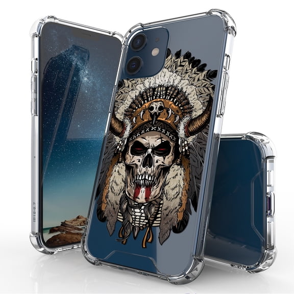 Beyond Cell compatible with iPhone 12 Mini 5.4"(2020) Case, Transparent Clear Shock Absorption Cushion Bumper Corner Soft TPU + PC Cover Indian Skull Head