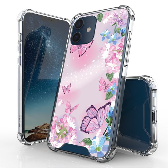 Beyond Cell compatible with iPhone 12 Mini 5.4"(2020) Case, Transparent Clear Shock Absorption Cushion Bumper Corner Soft TPU + PC Cover Pink Butterflies