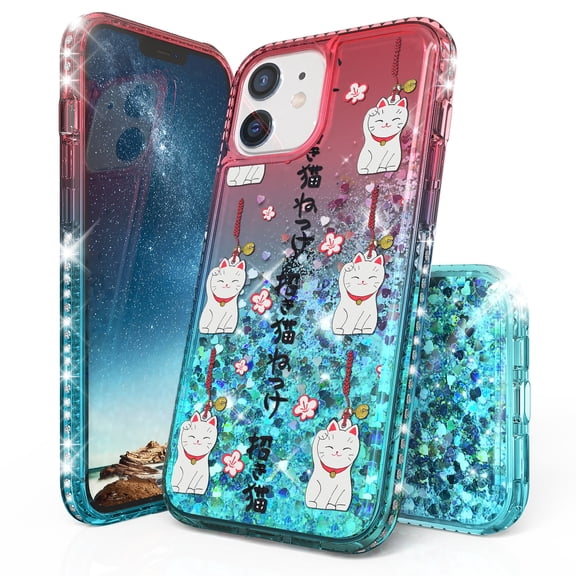 Beyond Cell compatible with Apple iPhone 12 Mini 5.4" Diamond Glitter Liquid Case, Transparent Bling Lucky Cats