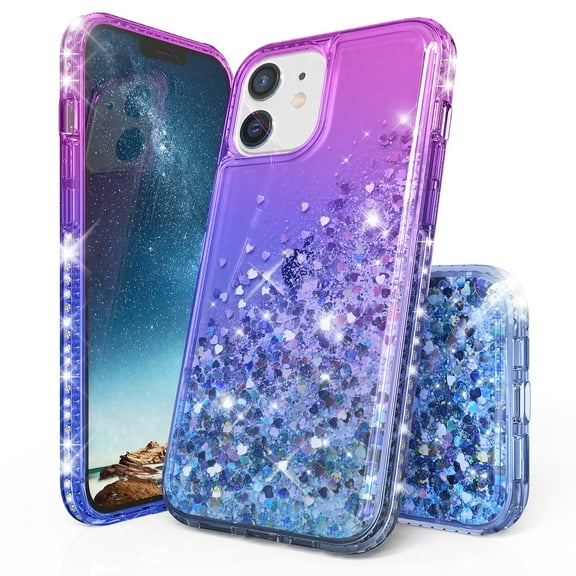 Beyond Cell compatible with Apple iPhone 12 Mini 5.4" Diamond Glitter Liquid Case, Transparent Bling Purple / Blue