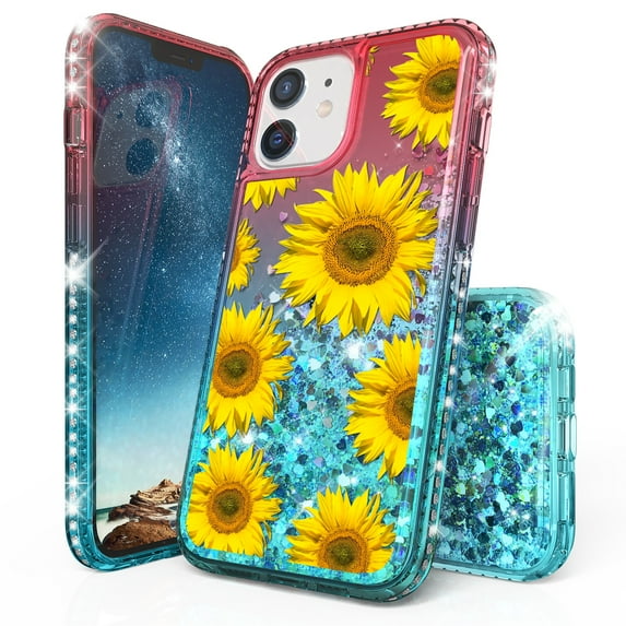Beyond Cell compatible with Apple iPhone 12 Mini 5.4" Diamond Glitter Liquid Case, Transparent Bling Sunflowers