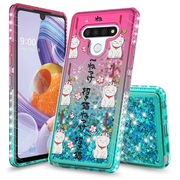 Beyond Cell compatible with LG Stylo 6 Diamond Glitter Liquid Case, Transparent Bling Lucky Cats