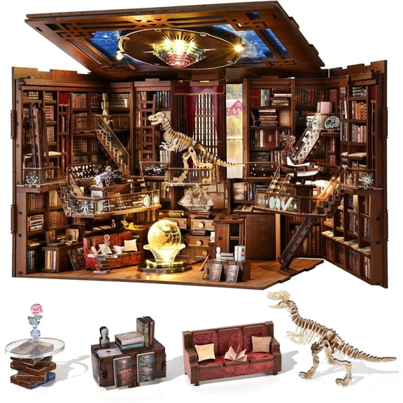 Beyond Library Max DIY Book Nook Kit, Miniature Dollhouse Booknook Kit, 3D Wooden Puzzle Bookend Bookshelf Insert Decor with LED Light for Teens and Adults