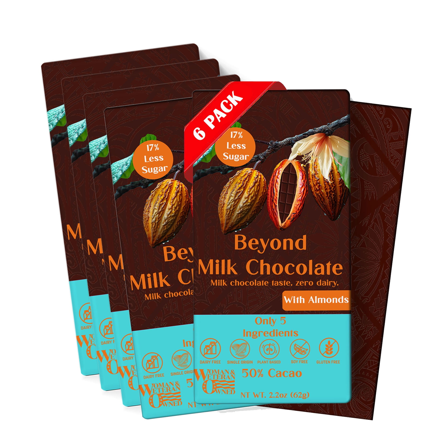 Beyond Milk Chocolate Almond Bars - Dairy-free | 2.2 Ounce (Pack of 6) | Organic, Low Sugar, 50% Cacao, Plant Based, Dairy Free, Gluten-Free | Single Origin
