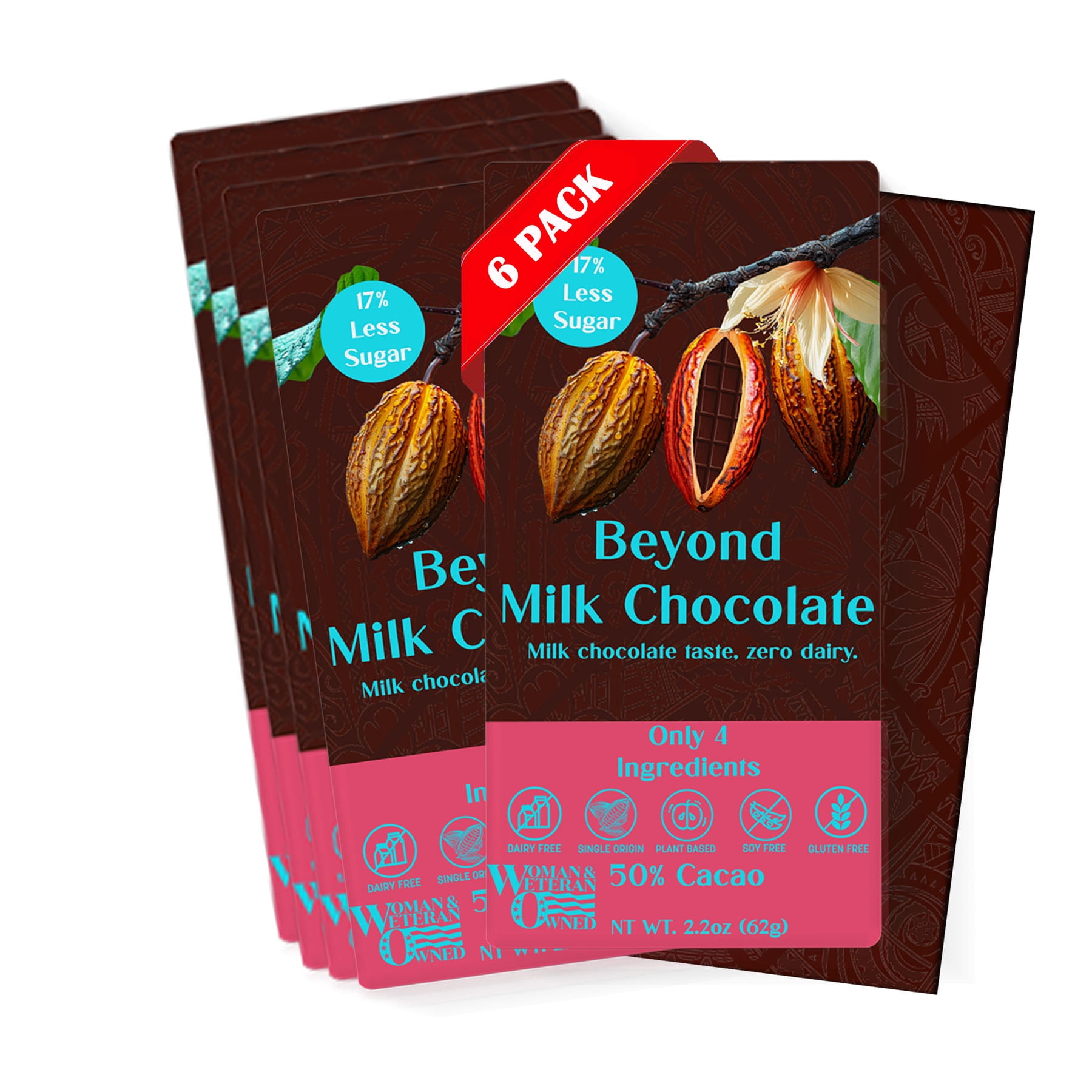 Beyond Milk Chocolate Bar - Dairy-free | 2.2 Ounce (Pack of 6) | Organic, Low Sugar, 50% Cacao, Plant Based, Dairy Free, Gluten-Free | Single Origin