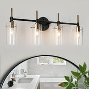 Savonnerie Modern Black Gold Bathroom Vanity Light Dimmable Wall Sconces with Cylinder Glass 4-Light