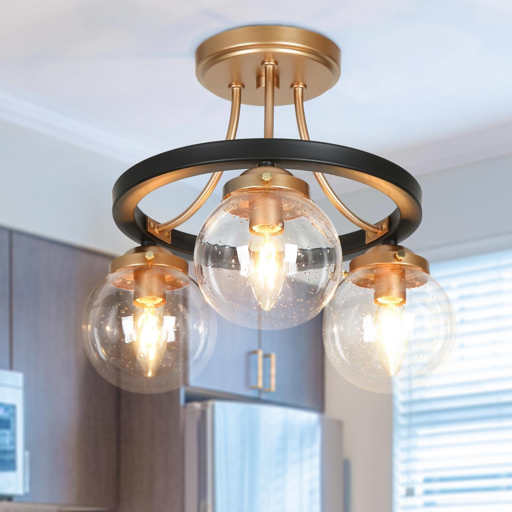 Modern Farmhouse Matte Black and Gold 3-Light Glass Ceiling Fixture