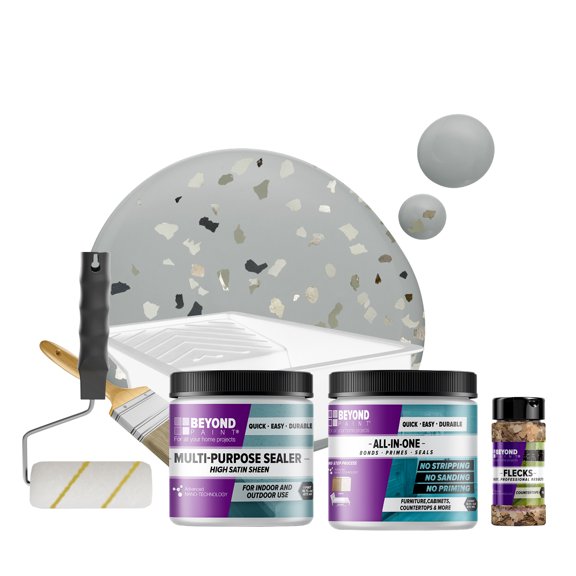 Beyond Paint Smoked Gray Flecks Countertop Makeover Kit with Paint, Sealer, Flecks, and Tools for Countertops, Soft Gray