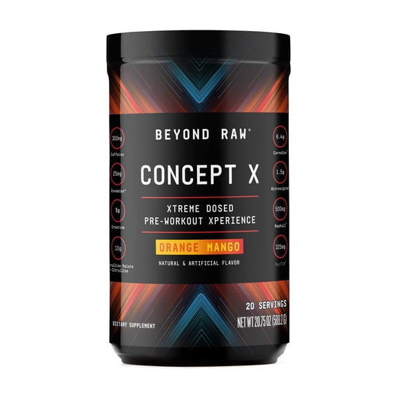 Beyond Raw Concept X | Clinically Dosed Pre-Workout Powder | Contains Caffeine, L-Citrulline, Creatine, and Beta-Alanine | Orange Mango | 20 Servings