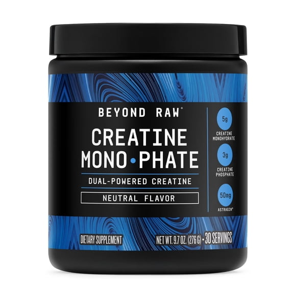 Beyond Raw Creatine Monophate - Duel-Powered with 5g of creatine monohydrate, 3g of creatine phosphate and 50mg of Atstragin, Unflavored (30 Servings)