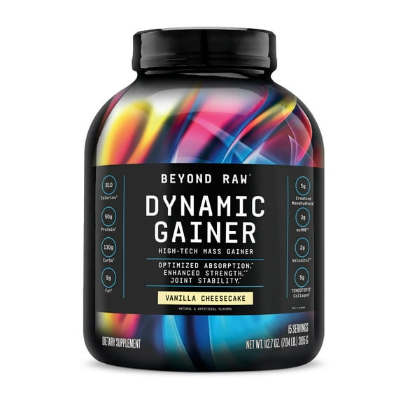 Beyond Raw Dynamic Gainer | High-Tech Mass Gainer | Optimized Absorption, Enhanced Strength, and Joint Stability | Vanilla Cheesecake | 15 Servings