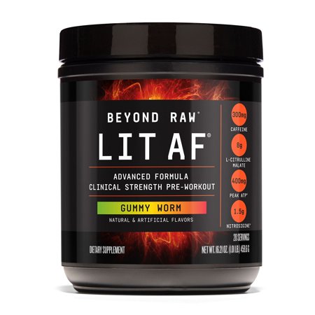 Beyond Raw LIT Advanced Formula PreWorkout for Men and Women, Energy, Focus, Endurance, Pumps, 300mg Rapid and Targeted Release Caffeine, Creatine, Betaine, Beta Alanine, Taurine, Gummy Worm, 20 Svg