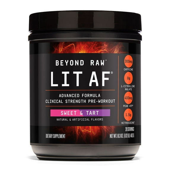 Beyond Raw LIT Advanced Formula PreWorkout for Men and Women, Energy, Focus, Endurance, Pumps, 300mg Rapid and Targeted Release Caffeine, Creatine, Betaine, Beta Alanine, Taurine, Sweet and Tart, 20