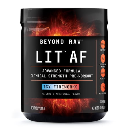 Beyond Raw LIT AF Pre-Workout - Advanced Formula, Icy Fireworks, 300mg Caffeine, 9.39 oz, 12 Servings