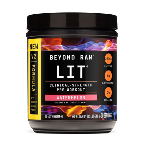 BEYOND RAW LIT V2 Clinical Strength Pre Workout Powder, Hits Harder, Bigger Pumps, Caffeine, L-Citrulline, Creatine, Watermelon, 30 Servings