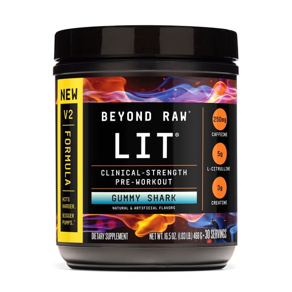 Beyond Raw LIT V2 Clinical Strength Pre Workout Powder, Hits Harder, Bigger Pumps, Caffeine, L-Citrulline, Creatine, Gummy Shark, 30 Servings