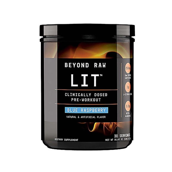 Beyond Raw LIT | Clinically Dosed Pre-Workout Powder | Contains Caffeine, L-Citrulline, Beta-Alanine, and Nitric Oxide | Blue Raspberry | 30 Servings