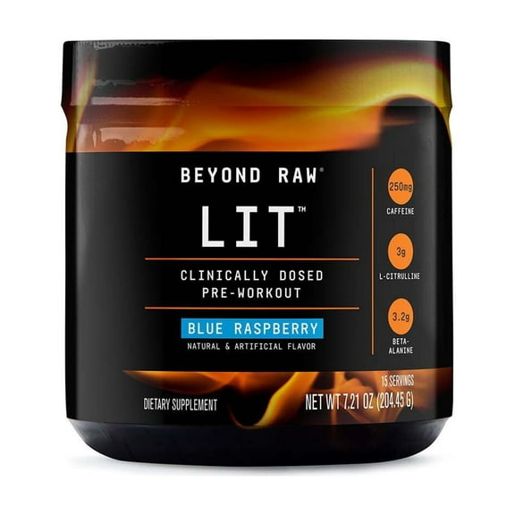 Beyond Raw LIT PreWorkout Powder Supplement For Men and Women, Energy, Focus, Endurance, Pumps, Nitric Oxide Boost, 250mg Caffeine, Creatine, Beta Alanine, Blue Raspberry, 15 Servings