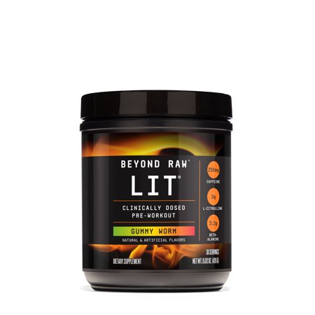 Beyond Raw LIT PreWorkout Powder Supplement For Men and Women, Energy, Focus, Endurance, Pumps, Nitric Oxide Boost, 250mg Caffeine, Creatine, Beta Alanine, Gummy Worm, 30 Servings