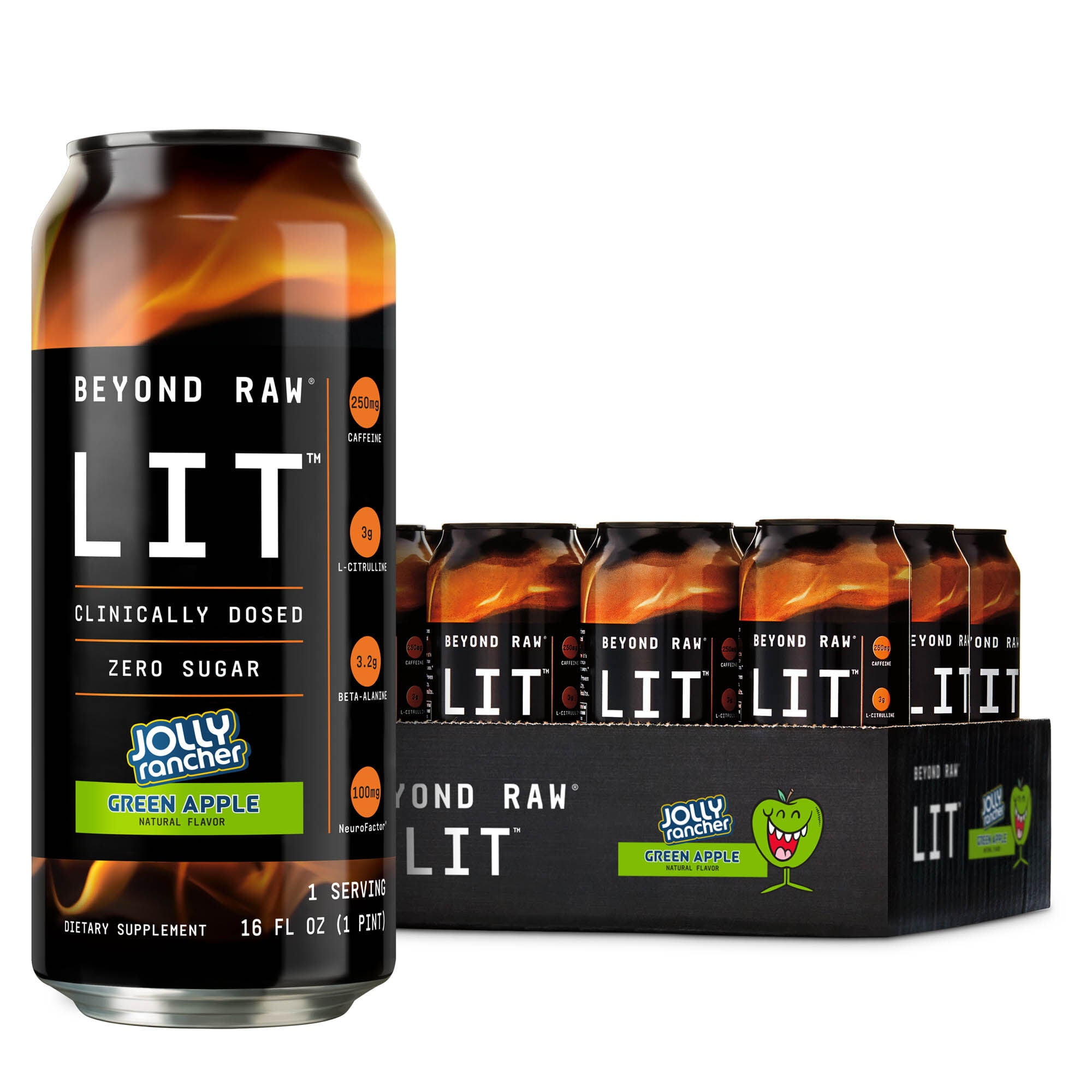 Beyond Raw LIT Ready to Drink PreWorkout, Energy, Focus, Intensity and Pumps, Nitric Oxide Boost, Zero Sugar, 250mg Caffeine with Beta Alanine, JOLLY RANCHER Green Apple, 16oz, 12 Cans
