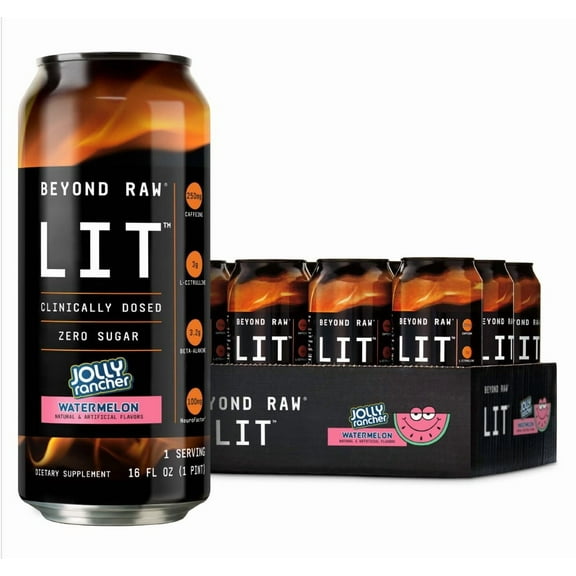 Beyond Raw LIT Ready to Drink PreWorkout, Energy, Focus, Intensity and Pumps, Nitric Oxide Boost, Zero Sugar, 250mg Caffeine with Beta Alanine, JOLLY RANCHER Watermelon, 16oz, 12 Cans