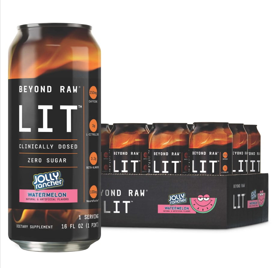 Beyond Raw LIT Ready to Drink PreWorkout, Energy, Focus, Intensity and Pumps, Nitric Oxide Boost, Zero Sugar, 250mg Caffeine with Beta Alanine, JOLLY RANCHER Watermelon, 16oz, 12 Cans