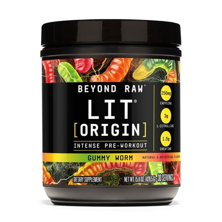 Beyond Raw LIT Origin Pre Workout Powder, Gummy Worm, for Men & Women, Energy & Pumps, 30 Servings