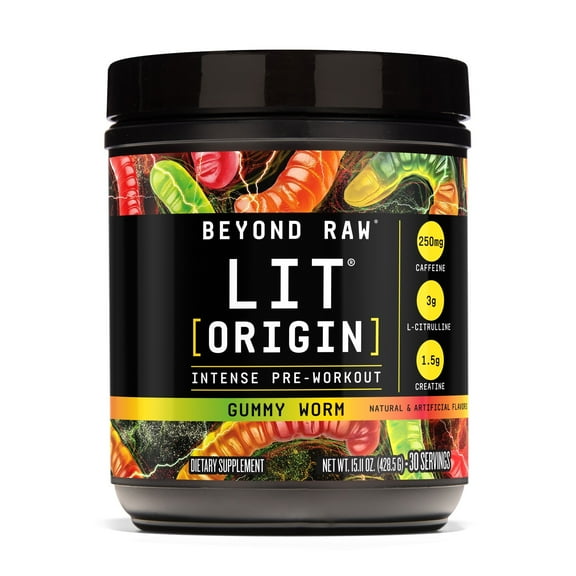 Beyond Raw LIT Origin Pre Workout Powder, Gummy Worm, for Men & Women, Energy & Pumps, 30 Servings