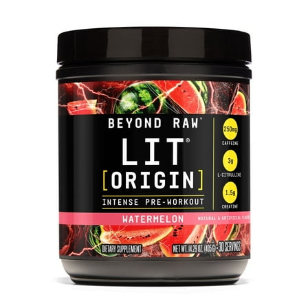 Beyond Raw LIT Origin Pre Workout Powder, Watermelon, for Men & Women, Energy & Pumps, 30 Servings
