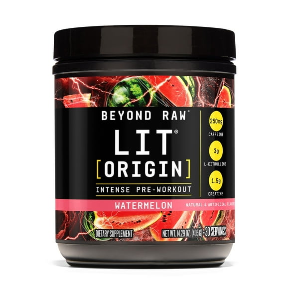 Beyond Raw LIT Origin Pre Workout Powder, Watermelon, for Men & Women, Energy & Pumps, 30 Servings