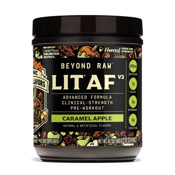 Beyond Raw Lit Af V2 Pre-Workout, Caramel Apple, 20 servings, 1.22 lbs