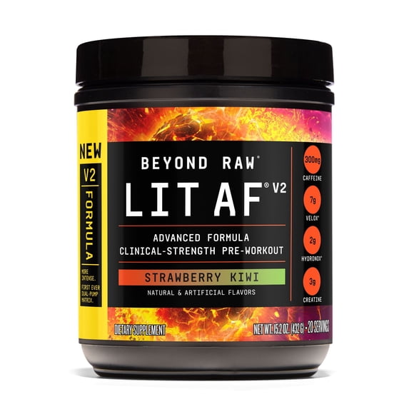 Beyond Raw Lit Af V2 Pre-Workout, Strawberry Kiwi, 20 servings, 1.22 lbs