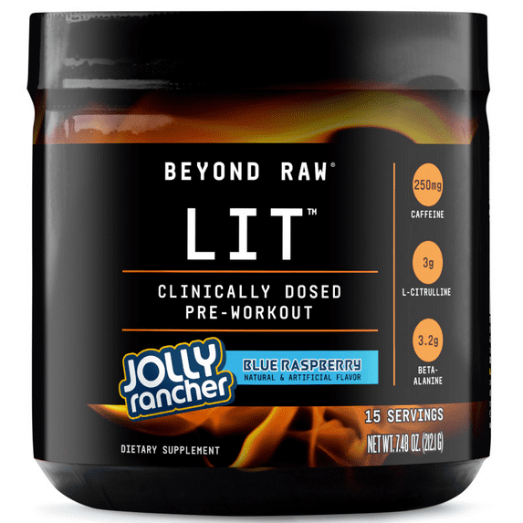 Beyond Raw Lit Pre-Workout Powder, Jolly Rancher® Blue Raspberry, 250mg Caffeine, 7.48 oz