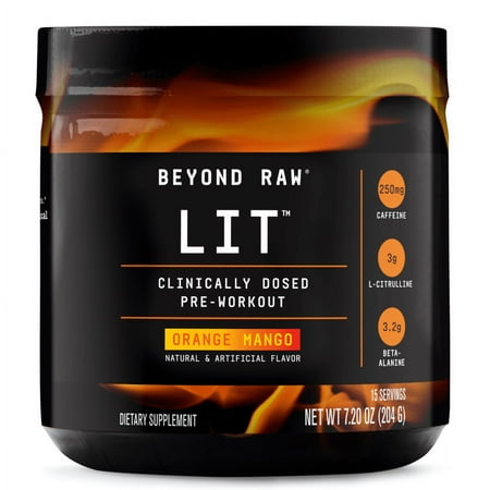 Beyond Raw Lit Pre-Workout Powder, Orange Mango, 250mg Caffeine, 7.20 oz, 15 Servings