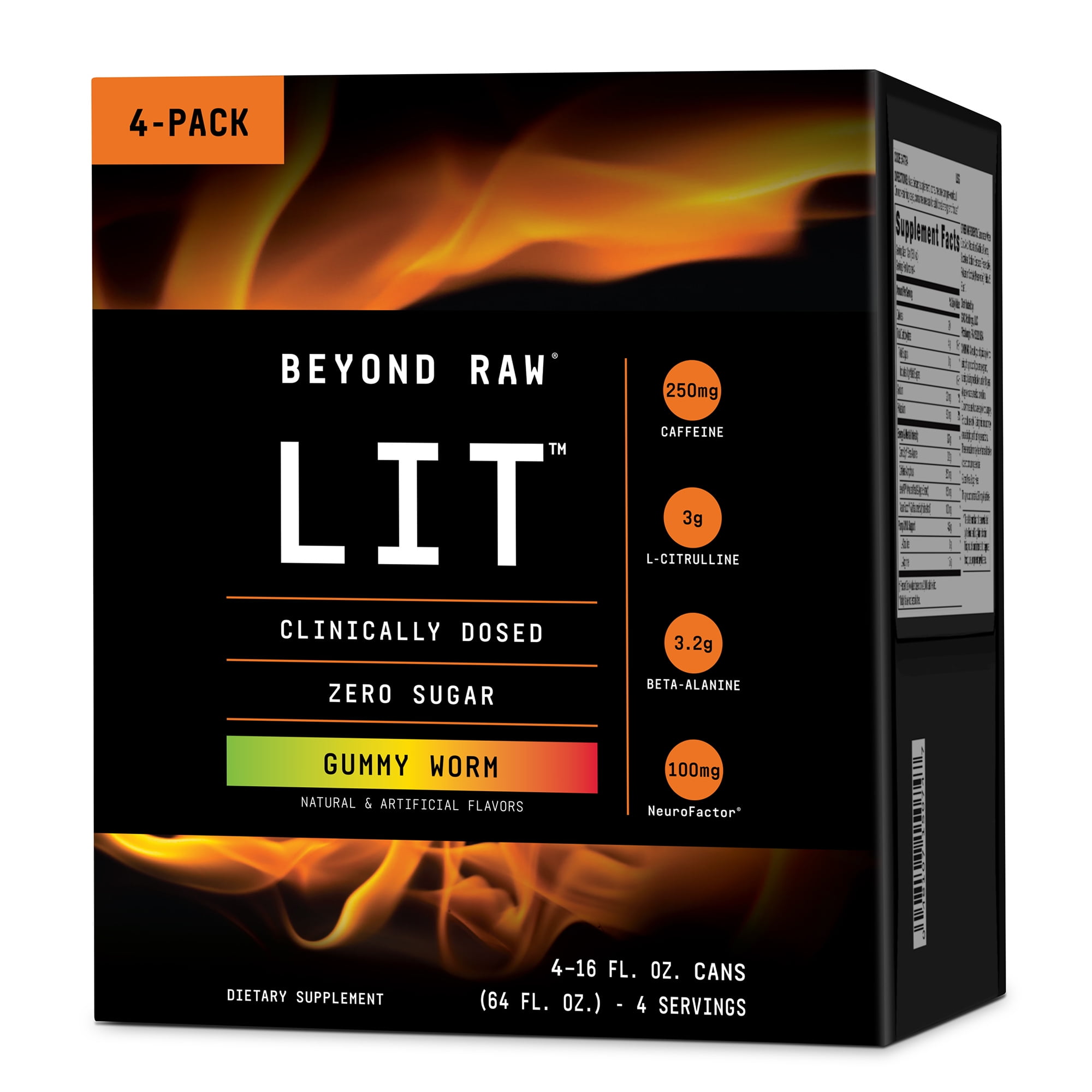 Beyond Raw Lit Pre-Workout Supplement, Gummy Worm, 250mg Caffeine, 4 Pack, 16 fl oz Can