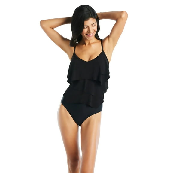 Beyond Control Women's Solid Citizen Tiered One-Piece Swimsuit Black 14 Rtl $129